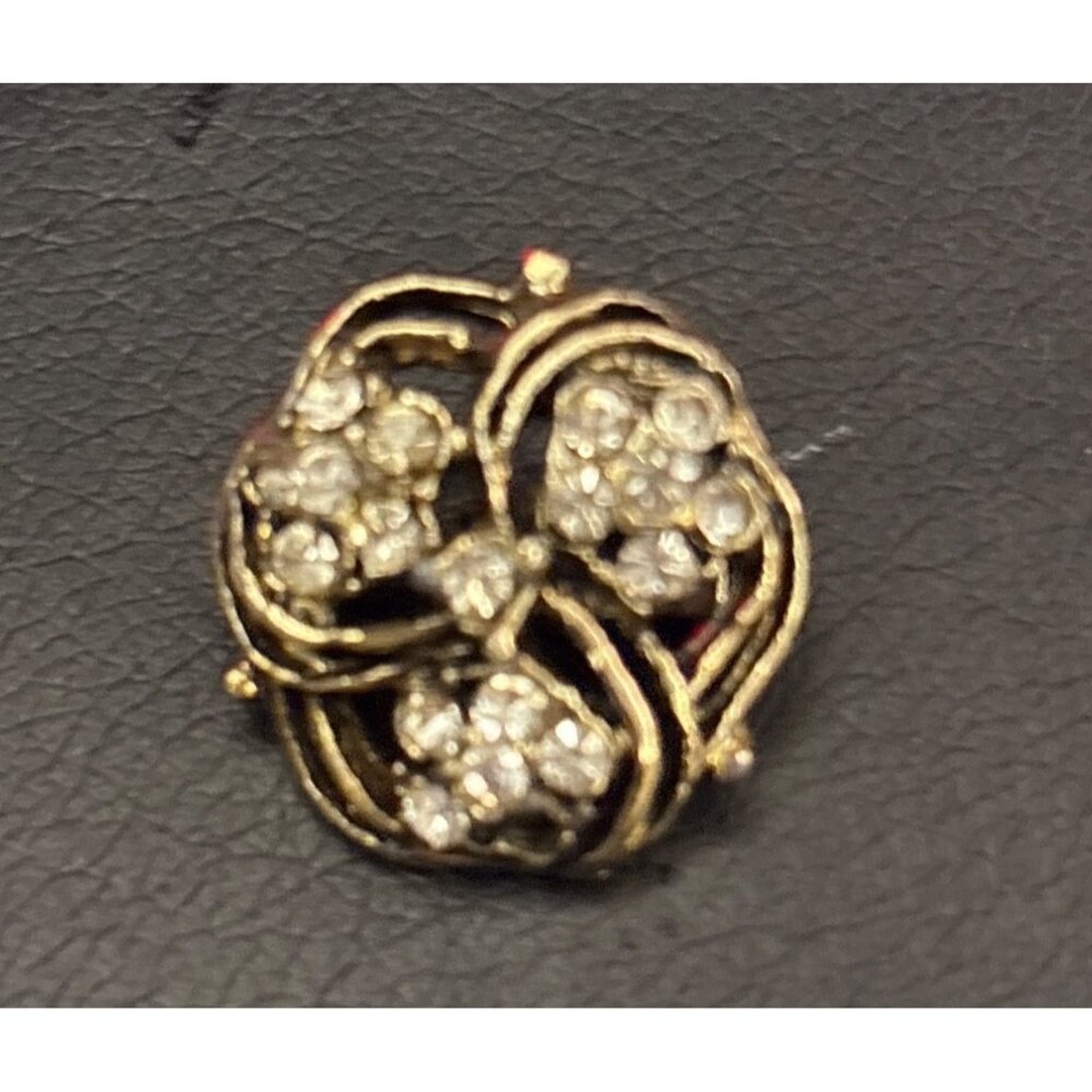 Vintage Gold-Tone Floral Design Pin Brooch With Rhinestone Accents